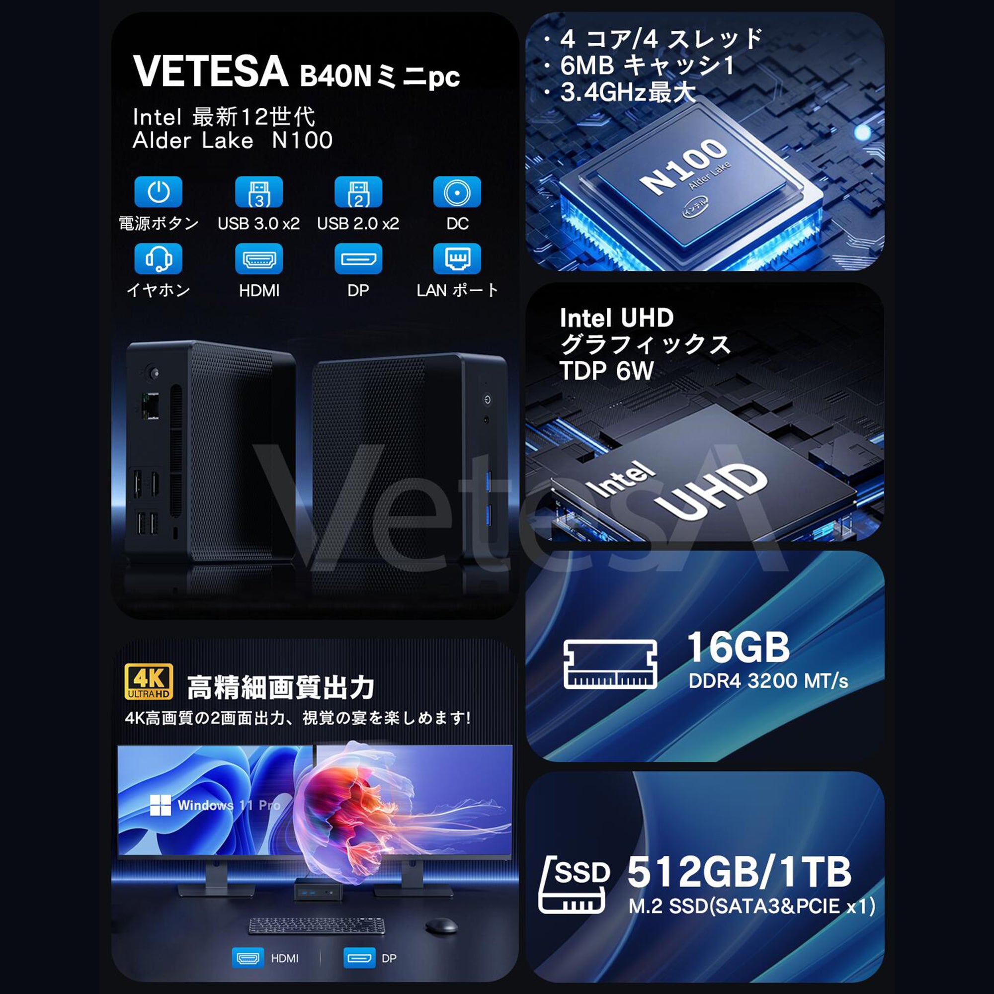 VETESA 新品デスクトップPC本体》Office付き Windows11 第12世代 Alder Lake N100 メモリ16GB