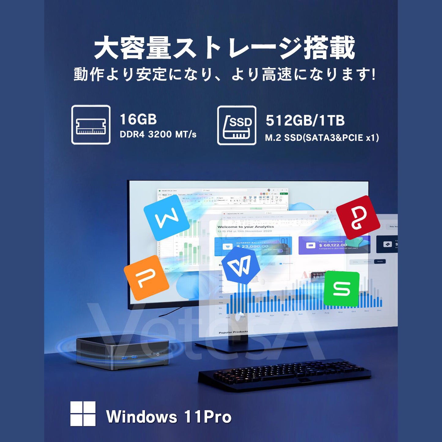 《VETESA 新品デスクトップPC本体》Office付き Windows11 第12世代 Alder Lake N100 メモリ16GB SSD512GB(miniPC-B40N)